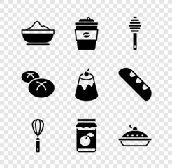 Set Flour bowl, Coffee cup to go, Honey dipper stick, Kitchen whisk, Jam jar, Homemade pie, Bread loaf and Pudding custard icon. Vector