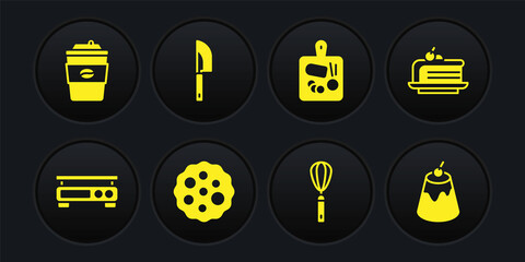 Set Electronic scales, Piece of cake, Cookie or biscuit, Kitchen whisk, Cutting board, Knife, Pudding custard and Coffee cup to go icon. Vector