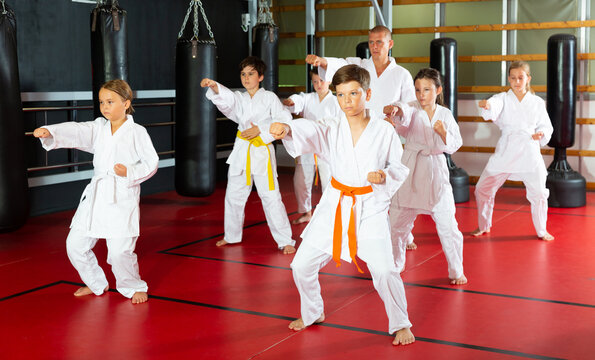 Focused Children Trying New Martial Moves In A Practice During Karate Class In Gym