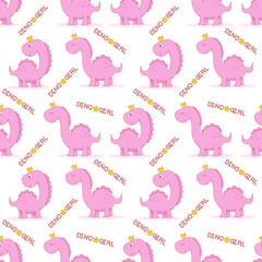 Pink Dino girl princess hand drawing with girl Dino for print clothing, t shirt, child. Creative girlish design. Pattern vector illustrations 
