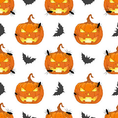 Happy Halloween banner or party invitation background with spooky smile pumpkin jack o lantern spider on orange background. Pattern vector illustrations.