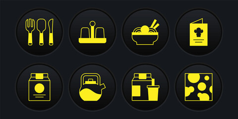Set Online ordering and delivery, Cookbook, Kettle with handle, Asian noodles bowl, Salt pepper, Cheese and Fork, spoon knife icon. Vector