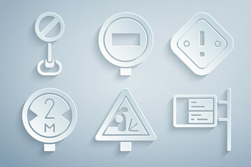 Set Warning road sign, Exclamation mark triangle, Road traffic, ublic transport board, Stop and icon. Vector