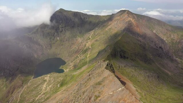 Aerial view of Mount Snowdon along the Crib Goch hiking route, Snowdonia, Gwynedd, North Wales, United Kingdom