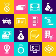 Set Money exchange, House with percant discount, Finance document, Stacks paper money cash, Online banking dollar, Car leasing percent, Dollar plant and POS terminal credit card icon. Vector