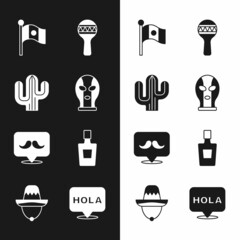 Set Mexican wrestler, Cactus, Mexico flag, Maracas, Mustache, Tequila bottle, Hola and sombrero icon. Vector © vector_v