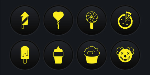 Set Ice cream, Homemade pie, in waffle cone, Muffin, Lollipop, Balloons form of heart, Clown head and Firework rocket icon. Vector