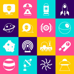 Set UFO flying spaceship, Comet falling down fast, Planet, Rocket, Alien, Saturn, and Cosmic icon. Vector