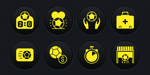Set Soccer football ball, First aid kit, Stopwatch, Football goal with and Sport mechanical scoreboard icon. Vector