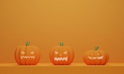 Halloween pumpkin on orange background. 3D render illustration