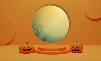 Pumpkin Halloween, Jack o lantern on orange background. Abstract podium showcase product display. 3D render