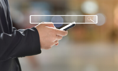 Close up of businessman use smartphone for search page browsing. Searching information data on...