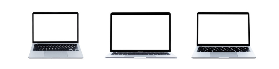Collection of Laptop computer with blank screen isolated on white background