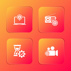 Set Laptop setting, Radio, Hourglass and Video camera icon. Vector