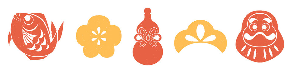 判子風（スタンプ）お正月の縁起物手描きイラスト