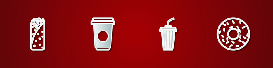 Set Burrito, Coffee cup, Glass with water and Donut icon. Vector