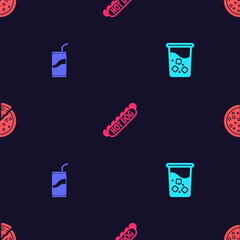 Set Glass with water, Soda can drinking straw, Hotdog sandwich and Pizza on seamless pattern. Vector