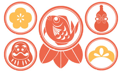 判子風（スタンプ）お正月の縁起物手描きイラスト