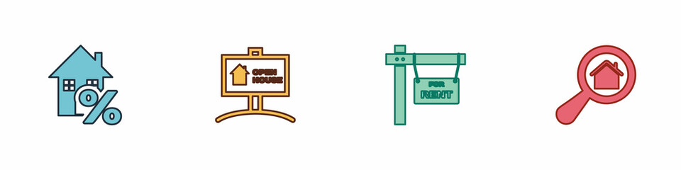 Set House with percant, Hanging sign Open house, For Rent and Search icon. Vector