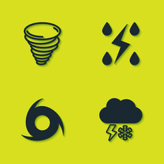 Set Tornado, Cloud with snow and lightning, and Storm icon. Vector