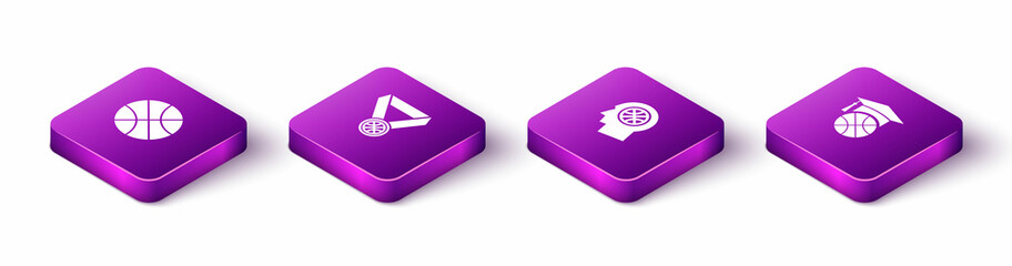 Set Isometric Basketball ball, medal, Thoughts on basketball and training icon. Vector