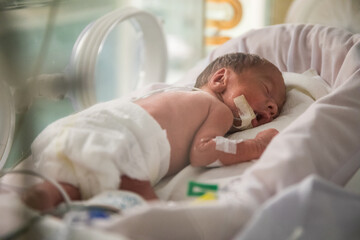 Premature newborn baby in incubator