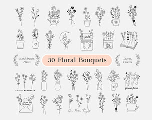 30 Floral Bouquets Bundle. flowers hand drawn, minimalist, wildflowers Wreath, field plants, Flower pot for logo, printing, cricut, wedding card. Vector illustration