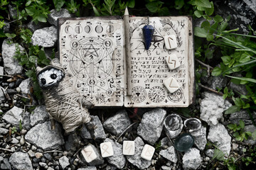 Grunge still life with voodoo doll, runes and witch book of magic spells. No foreign language, only...