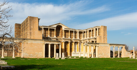 Fototapeta premium View of ruins of Marble court in ancient Roman bath gymnasium complex in Sardis, Salihli, Turkey