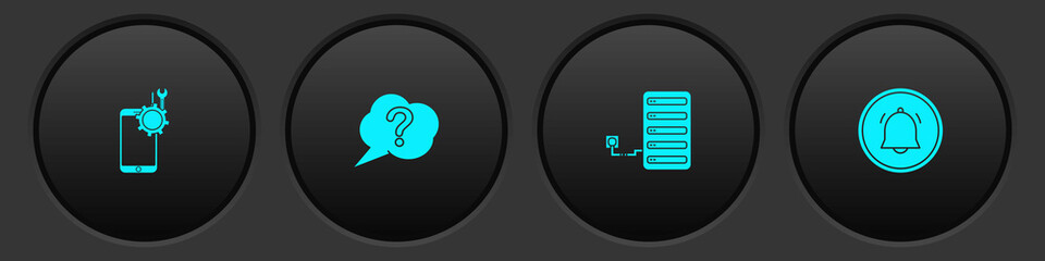 Set Mobile service, Speech bubble Question, Server and Button chat notification icon. Vector