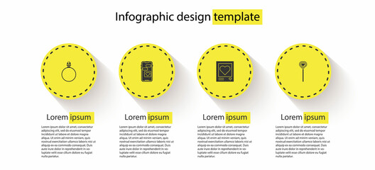 Set Diamond engagement ring, Mobile with heart, Photo frames and hearts and Lollipop. Business infographic template. Vector