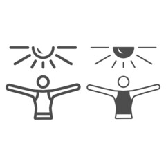 Person greets sun with wide open hands line and solid icon, nature concept, morning exercise vector sign on white background, outline style icon for mobile concept and web design. Vector graphics.