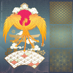 Abstract Art Flying Red Phoenix with Golden Sakura on The Gradient Stripe Diamond Graphic with Torii Silhouette Above with Moving Clouds on Gradient Dark Blue Water Wave Repeat Pattern