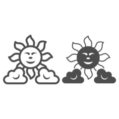 Sun between the clouds line and solid icon, weather and climate concept, sunshine in the sky vector sign on white background, outline style icon for mobile concept and web design. Vector graphics.