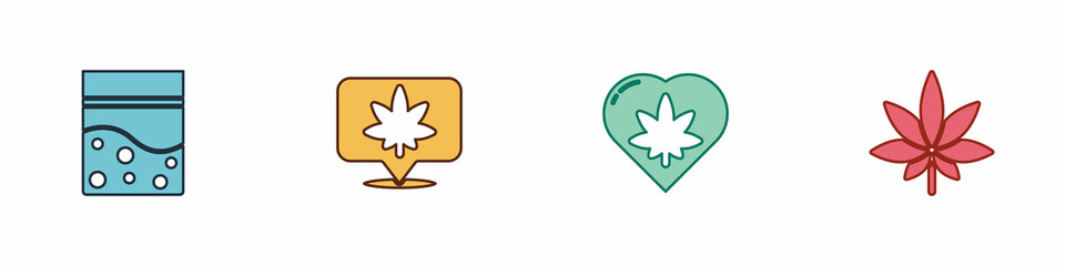 Set Plastic bag of cannabis, Location and, Marijuana leaf in heart and or icon. Vector