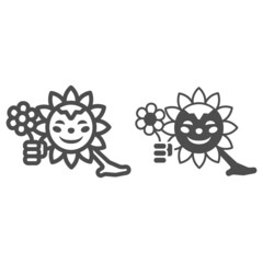 Smiling sun give flower line and solid icon, weather and climate concept, sunshine with daisy vector sign on white background, outline style icon for mobile concept and web design. Vector graphics.
