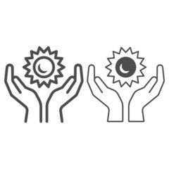Sun in open hands line and solid icon, weather and climate concept, sunshine in arms vector sign on white background, outline style icon for mobile concept and web design. Vector graphics.
