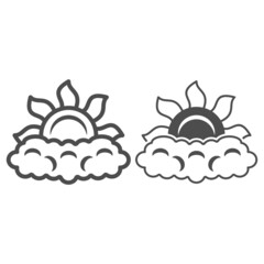 Sun peeps out through cloud line and solid icon, weather and climate concept, partially cloudy vector sign on white background, outline style icon for mobile concept and web design. Vector graphics.