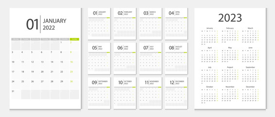 Calendar 2022 week start Monday corporate design template vector.