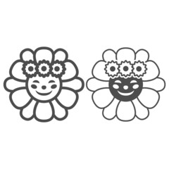 Smiling sun in daisies wreath line and solid icon, weather concept, sunflower in diadem vector sign on white background, outline style icon for mobile concept and web design. Vector graphics.