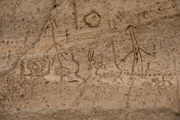 Native Modoc petroglyphs carved in stone at Petroglyph Point, Lava Beds NM
