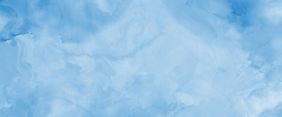 Light and soft blue watercolor background with clouds texture. Abstract painted smoke or haze in blotches design