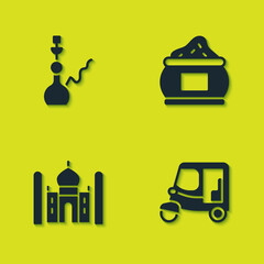 Set Hookah, Taxi tuk tuk, Taj Mahal and Indian spice icon. Vector