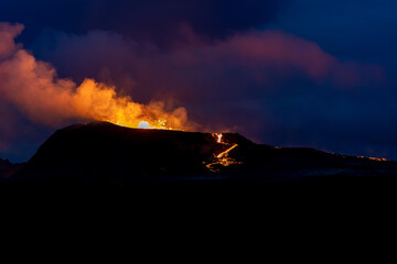 Beautiful aerial cinematic footage of the bowling lava exploding from the Active Volcano in Iceland