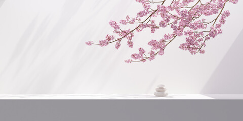 Cherry blossoms and stone balance on nature light white background.for product presentation,posters, brochure,banners.3d rendering illustration