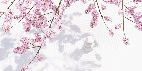 Japanese zen garden cherry blossoms and stone balance on nature light white background.for product presentation,posters, brochure,banners.3d rendering illustration