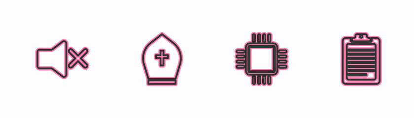 Set line Speaker mute, Processor with CPU, Pope hat and Clipboard document icon. Vector