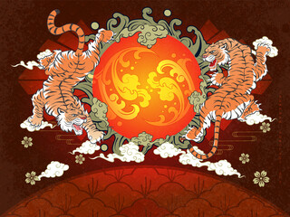 Japanese Scene Abstract Art Double Orange Tigers Crawling with Red Gradient Sun and Water Splash Icon Surrounded with Golden Clouds and Sakura Flower Floating on Curve Land