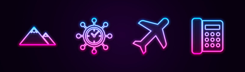 Set line Mountains, Clock and gear, Plane and Telephone. Glowing neon icon. Vector