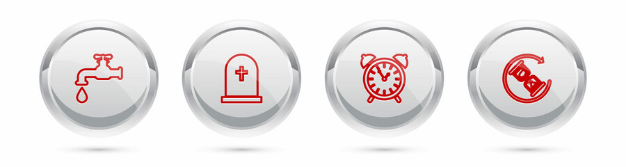 Set line Water tap, Tombstone with cross, Alarm clock and Waiting. Silver circle button. Vector